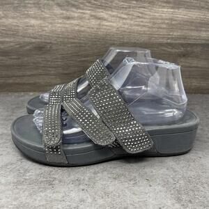 Vionic Alexis Slide Sandals Womens Size 9 Black Grey Rhinestone Strap Wedge